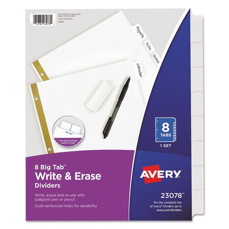 Avery Dennison Write & Erase Index Dividers 8-1/2 x 11", 8 Tab, White, PK8 23078